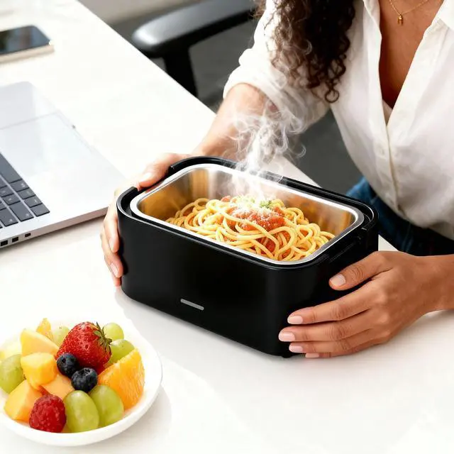 Alt view image 7 of 7 - Portable 4 Cup Electric Heated Lunch Box, 33oz Food Warmer for Work & Travel, Leak-Proof Silicone Lid, Foldable Handle, Removable Stainless-Steel Container & Detachable Power Cord, Black