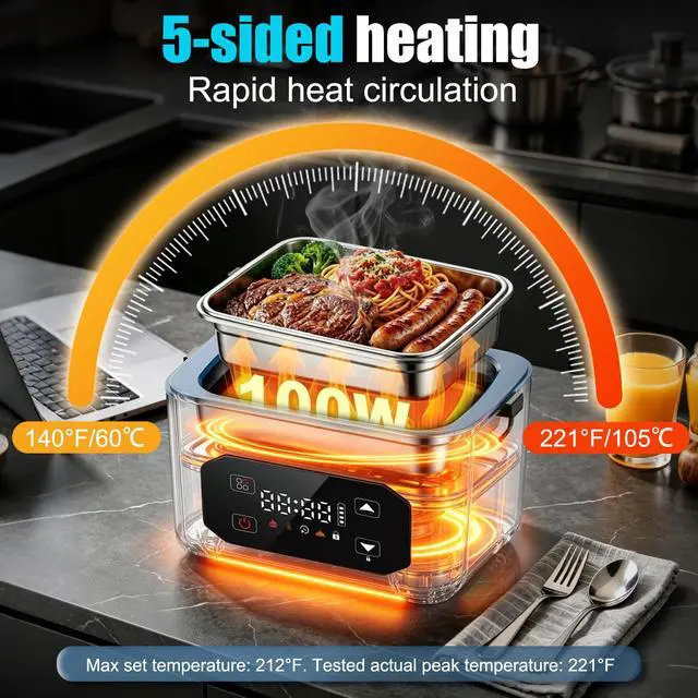 Alt view image 2 of 7 - CHAREADA Electric Lunch Box, 24000mAh Battery Powered Heated Lunch Box | 6.3 Cups Portable Food Heater with 5-Side Heating & Intelligent Temperature Control, Suitable for Trucks, Offices