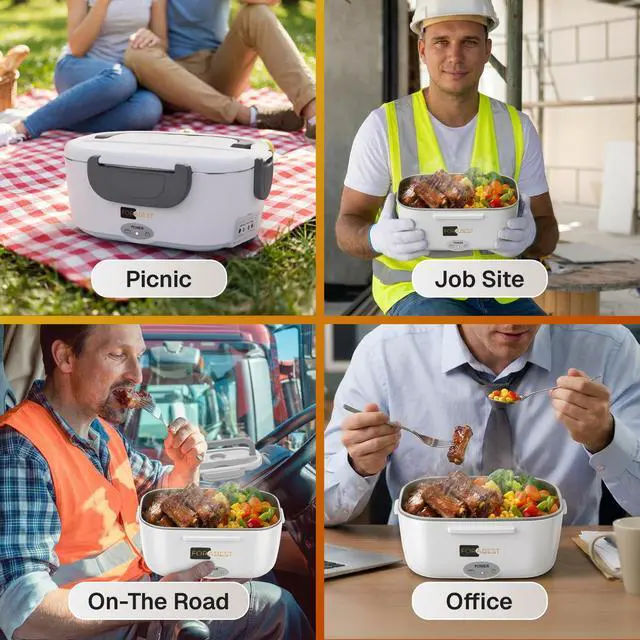 Alt view image 6 of 7 - Heated Lunch Box 1.5L Tray Electric Lunch Box for Adult White Gray | 80W Portable Food Warmer, 1.5L Stainless Steel Container, Carry Bag & Leakproof Lid - 12/24V Car/Truck & 110/220V Home/Office