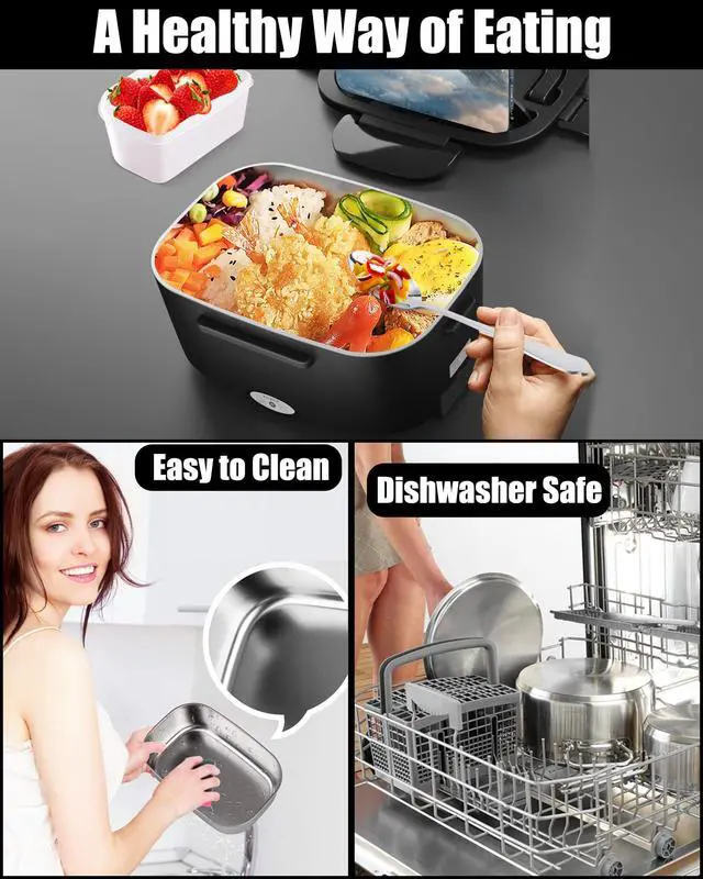 Alt view image 6 of 7 - Electric Lunch Box for Adults, 80W Heated Lunch Box with Dual 1.5L Stainless Steel Portable Food Warmer,12/24/110V Lonchera Electrica Portatil for Travel&Work, Loncheras para Hombres de Trabajo
