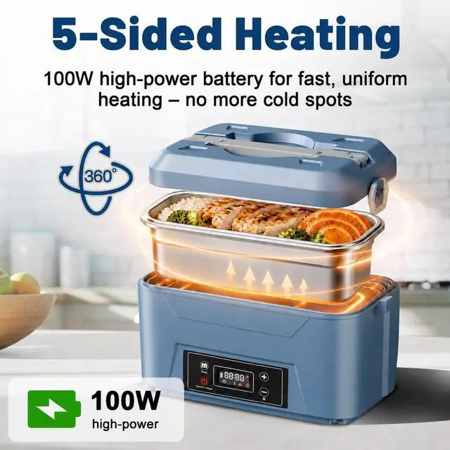 Alt view image 2 of 7 - Heated Lunch Box for Adults, 5.5 Cups Self-Heating Food Warmer, Blue | 5-Sided Heating, Retains 90% Moisture, Scheduled Heating, 24000mAh Battery, Cordless, Leakproof Design