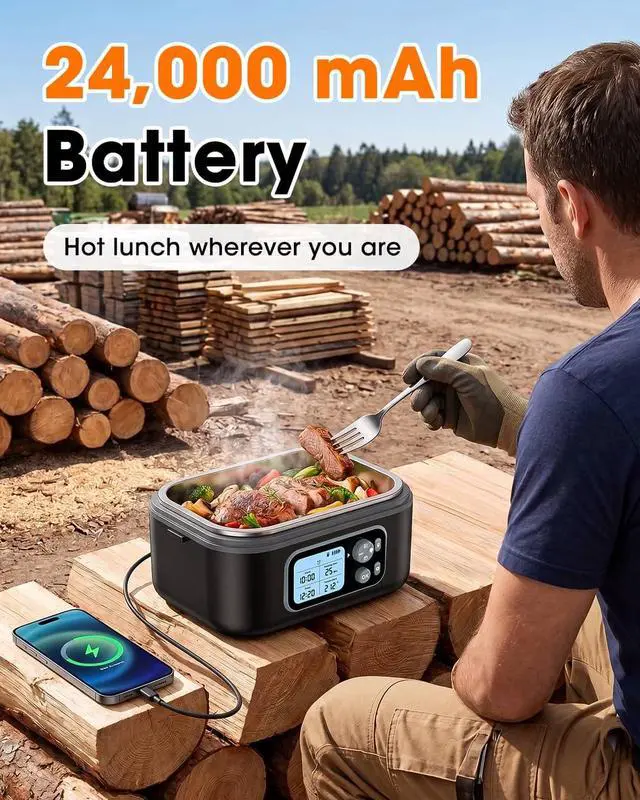Alt view image 2 of 7 - Cordless Heated Electric Lunch Box for Adults, 6.3-Cup XL, 24000mAh | 5-Sided & Scheduled Heating, Max 212°F, Temp Control, Leakproof, BPA-Free for Car & Truck Drivers, Office Workers, Picnic