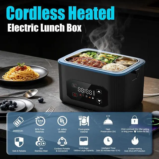 Alt view image 4 of 7 - CHAREADA Electric Lunch Box, 24000mAh Battery Powered Heated Lunch Box | 6.3 Cups Portable Food Heater with 5-Side Heating & Intelligent Temperature Control, Suitable for Trucks, Offices