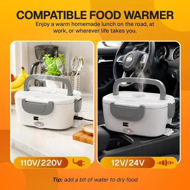 Alt view image 7 of 7 - Heated Lunch Box 1.5L Tray Electric Lunch Box for Adult White Gray | 80W Portable Food Warmer, 1.5L Stainless Steel Container, Carry Bag & Leakproof Lid - 12/24V Car/Truck & 110/220V Home/Office