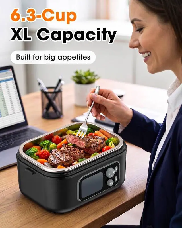 Alt view image 4 of 7 - Cordless Heated Electric Lunch Box for Adults, 6.3-Cup XL, 24000mAh | 5-Sided & Scheduled Heating, Max 212°F, Temp Control, Leakproof, BPA-Free for Car & Truck Drivers, Office Workers, Picnic
