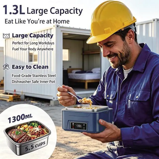 Alt view image 5 of 7 - Heated Lunch Box for Adults, 5.5 Cups Self-Heating Food Warmer, Blue | 5-Sided Heating, Retains 90% Moisture, Scheduled Heating, 24000mAh Battery, Cordless, Leakproof Design