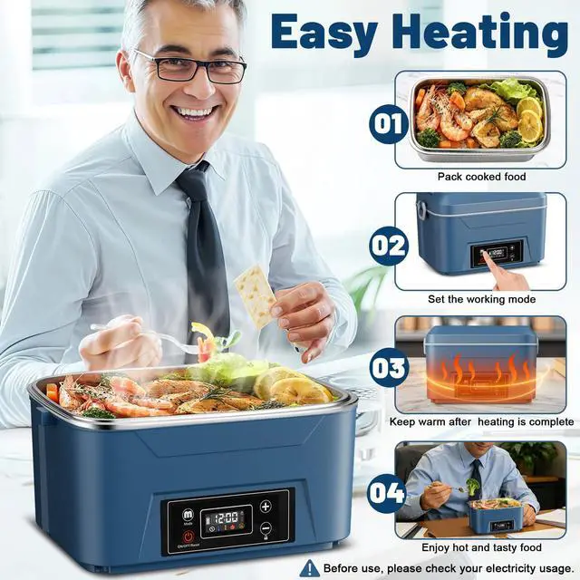 Alt view image 6 of 7 - Heated Lunch Box for Adults, 5.5 Cups Self-Heating Food Warmer, Blue | 5-Sided Heating, Retains 90% Moisture, Scheduled Heating, 24000mAh Battery, Cordless, Leakproof Design