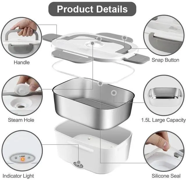 Alt view image 6 of 7 - Electric Lunch Box Food Heater, 3 in 1 Portable Food Warmer Lunch Box for Car & Home, Leak Proof, Lunch Heating Microwave with 304 Stainless Steel Container 1.5 L, 110V/12V/24V
