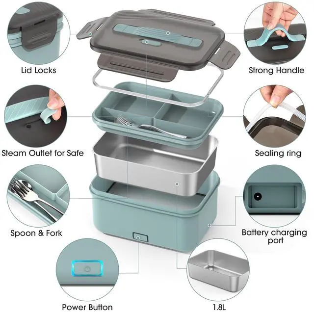 Alt view image 7 of 7 - WisaKey Cordless Electric Lunch Box for Adults, 7.6 Cups Heated Lunch Box | 8000Mah Portable Rechargeable Battery Powered Lunchbox Fast Self Heating Food Warmer Gift for Husband/ Men/Dad