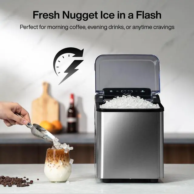Alt view image 3 of 7 - Typhur Nugget Ice Maker Countertop, Self-Cleaning Pump, 35lb/24H, Stainless | Crushed Pebble Ice Machine with Pellet Ice, 8 Packs Cleaner, Dual Ice Scoops, Compact Design for Home, Kitchen, Party, RV