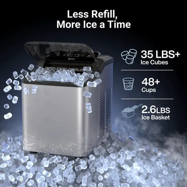 Alt view image 4 of 7 - Typhur Nugget Ice Maker Countertop, Self-Cleaning Pump, 35lb/24H, Stainless | Crushed Pebble Ice Machine with Pellet Ice, 8 Packs Cleaner, Dual Ice Scoops, Compact Design for Home, Kitchen, Party, RV