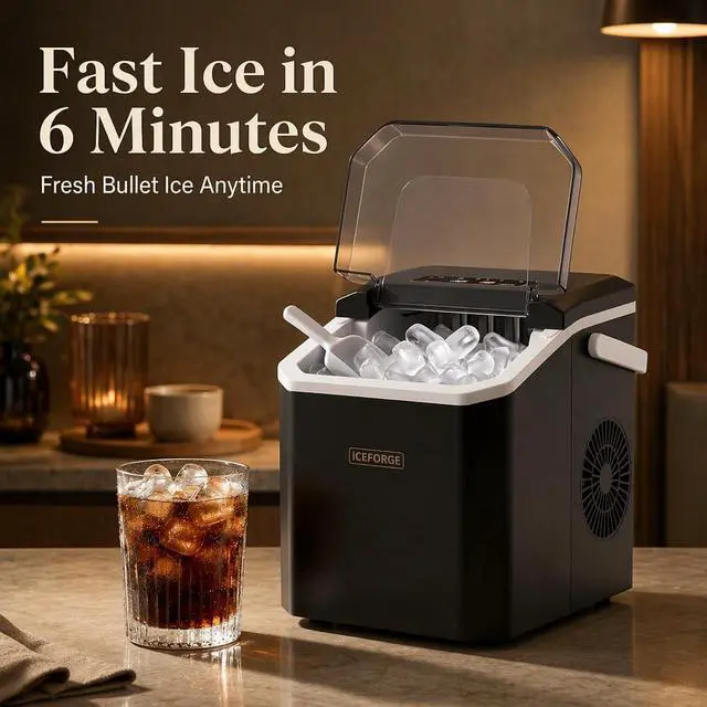 Alt view image 2 of 7 - Countertop Ice Maker, Portable Ice Maker Machine, 6-Minute Fast Bullet Ice Maker with Self-Cleaning, Compact Ice Machine with Handle, Basket & Scoop for Kitchen, Home, Office, RV Camping,Black