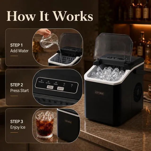 Alt view image 3 of 7 - Countertop Ice Maker, Portable Ice Maker Machine, 6-Minute Fast Bullet Ice Maker with Self-Cleaning, Compact Ice Machine with Handle, Basket & Scoop for Kitchen, Home, Office, RV Camping,Black