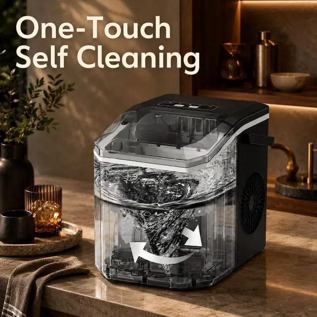 Alt view image 6 of 7 - Countertop Ice Maker, Portable Ice Maker Machine, 6-Minute Fast Bullet Ice Maker with Self-Cleaning, Compact Ice Machine with Handle, Basket & Scoop for Kitchen, Home, Office, RV Camping,Black