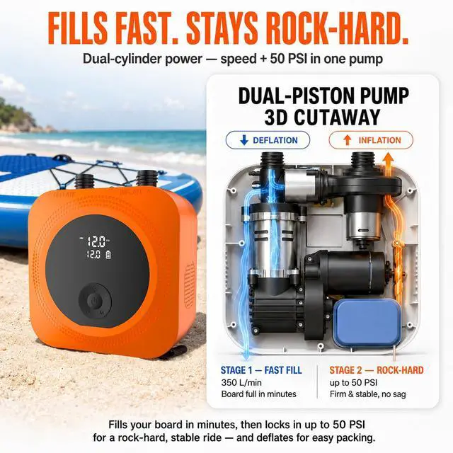 Alt view image 2 of 7 - 50 PSI Electric Paddle Board Pump, 15600mAh Rechargeable SUP Pump | Fast 50 PSI Inflation, 7 SUPs/Charge, Hands-Free Auto-Off, Active Cooling for Longer Use, Easy Inflate/Deflate, 12V Car Power