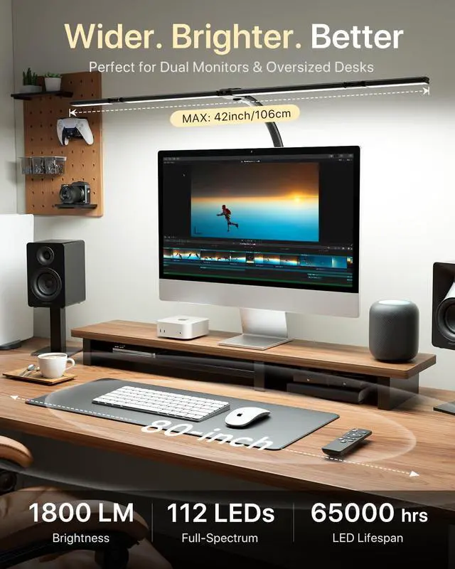 Alt view image 2 of 7 - ONEMIX LED Desk Lamp with Clamp, 42-Inch 4-Panel Light for Dual Monitors | 1800 Lumens, 4 Adjustable Panels, 5 Color Temps, 5 Brightness Levels, Remote, Timer, Flicker-Free for Home Office