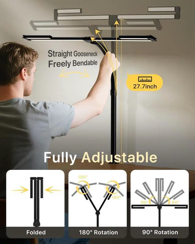 Alt view image 3 of 7 - ONEMIX LED Desk Lamp with Clamp, 42-Inch 4-Panel Light for Dual Monitors | 1800 Lumens, 4 Adjustable Panels, 5 Color Temps, 5 Brightness Levels, Remote, Timer, Flicker-Free for Home Office