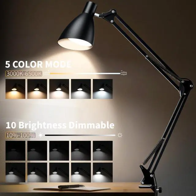 Alt view image 2 of 7 - Swing Arm Desk Lamp with Clamp, Adjustable Arm LED Clamp on Desk Lamps with 5 Color Modes and 10 Brightness for Home Office Reading Drafting Study (Black)