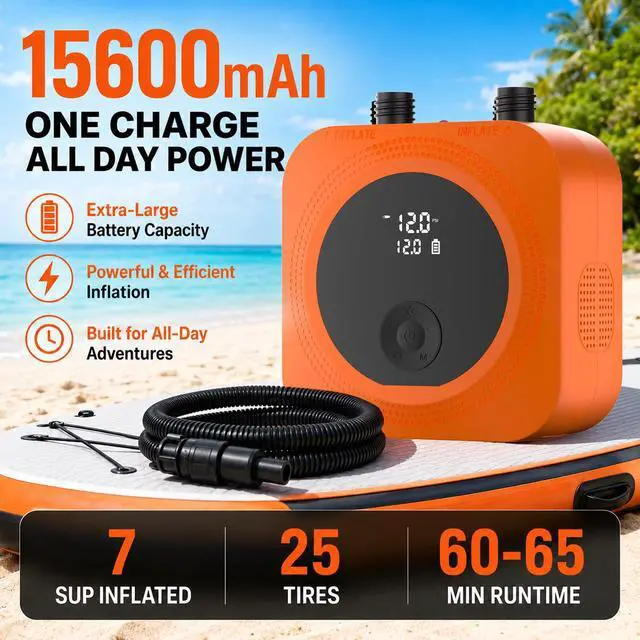Alt view image 4 of 7 - 50 PSI Electric Paddle Board Pump, 15600mAh Rechargeable SUP Pump | Fast 50 PSI Inflation, 7 SUPs/Charge, Hands-Free Auto-Off, Active Cooling for Longer Use, Easy Inflate/Deflate, 12V Car Power