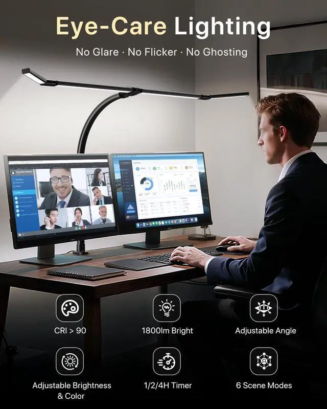 Alt view image 6 of 7 - ONEMIX LED Desk Lamp with Clamp, 42-Inch 4-Panel Light for Dual Monitors | 1800 Lumens, 4 Adjustable Panels, 5 Color Temps, 5 Brightness Levels, Remote, Timer, Flicker-Free for Home Office