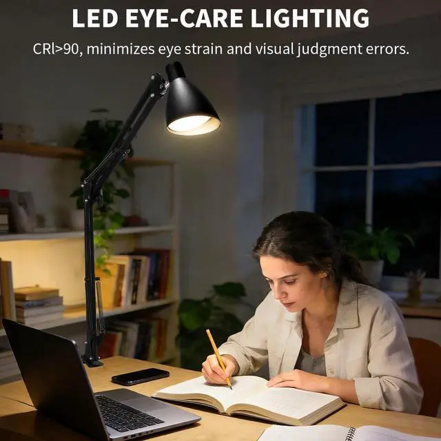 Alt view image 3 of 7 - Swing Arm Desk Lamp with Clamp, Adjustable Arm LED Clamp on Desk Lamps with 5 Color Modes and 10 Brightness for Home Office Reading Drafting Study (Black)