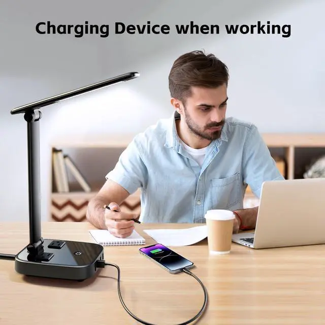 Alt view image 2 of 7 - Yostyle LED Desk Lamp with 4 USB Charging Ports and 2 AC Outlets,5ft Extension Cord Power Strip Station, 3 Level Brightness, Touch Dimmer Control, Office Table Eye Care Lamp Bedroom Hotel