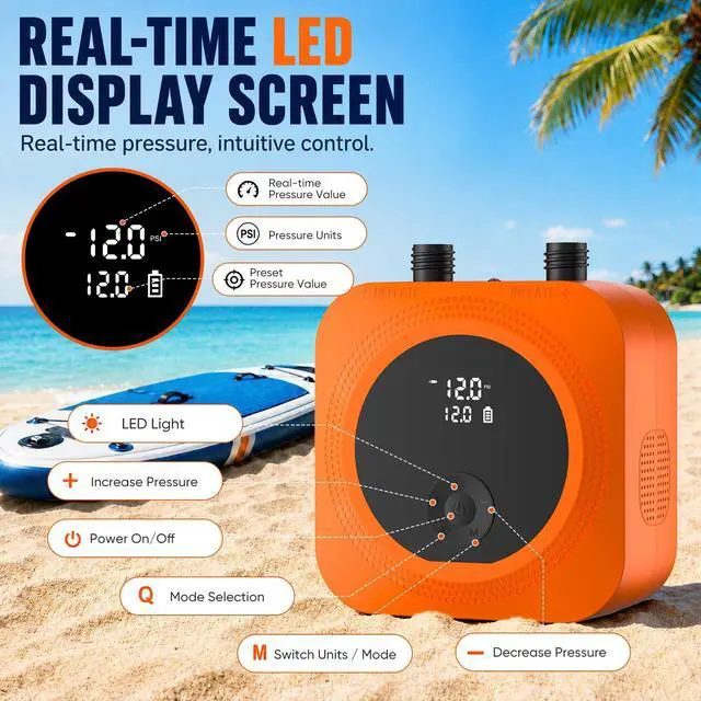 Alt view image 6 of 7 - 50 PSI Electric Paddle Board Pump, 15600mAh Rechargeable SUP Pump | Fast 50 PSI Inflation, 7 SUPs/Charge, Hands-Free Auto-Off, Active Cooling for Longer Use, Easy Inflate/Deflate, 12V Car Power
