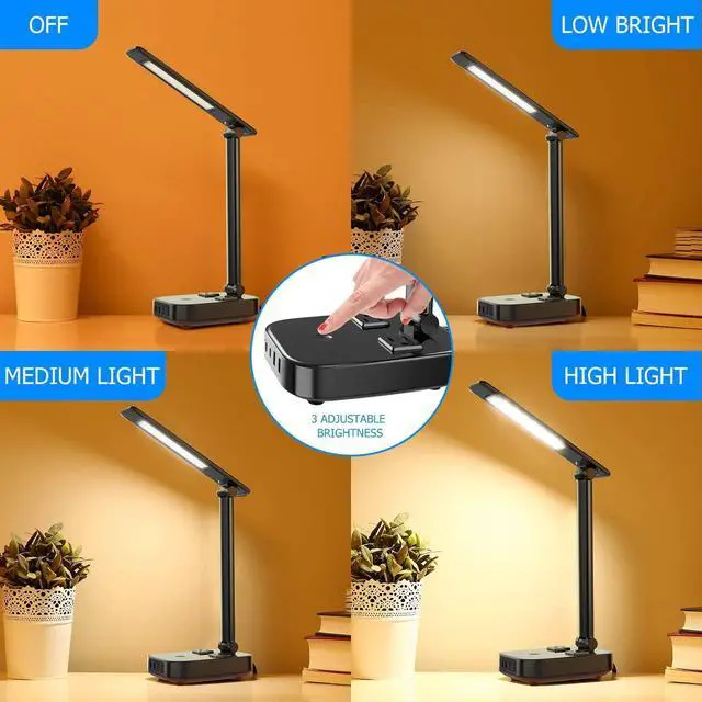 Alt view image 3 of 7 - Yostyle LED Desk Lamp with 4 USB Charging Ports and 2 AC Outlets,5ft Extension Cord Power Strip Station, 3 Level Brightness, Touch Dimmer Control, Office Table Eye Care Lamp Bedroom Hotel