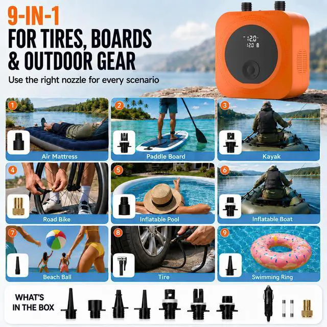Alt view image 7 of 7 - 50 PSI Electric Paddle Board Pump, 15600mAh Rechargeable SUP Pump | Fast 50 PSI Inflation, 7 SUPs/Charge, Hands-Free Auto-Off, Active Cooling for Longer Use, Easy Inflate/Deflate, 12V Car Power