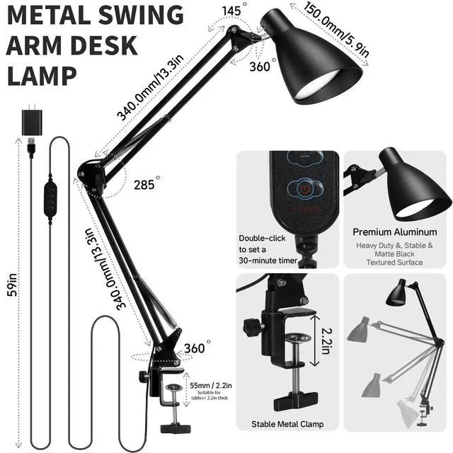 Alt view image 6 of 7 - Swing Arm Desk Lamp with Clamp, Adjustable Arm LED Clamp on Desk Lamps with 5 Color Modes and 10 Brightness for Home Office Reading Drafting Study (Black)
