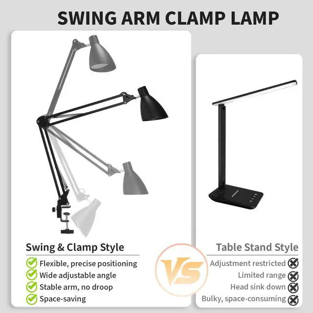 Alt view image 7 of 7 - Swing Arm Desk Lamp with Clamp, Adjustable Arm LED Clamp on Desk Lamps with 5 Color Modes and 10 Brightness for Home Office Reading Drafting Study (Black)