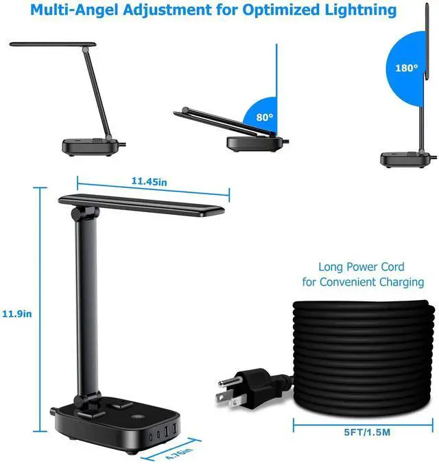 Alt view image 6 of 7 - Yostyle LED Desk Lamp with 4 USB Charging Ports and 2 AC Outlets,5ft Extension Cord Power Strip Station, 3 Level Brightness, Touch Dimmer Control, Office Table Eye Care Lamp Bedroom Hotel