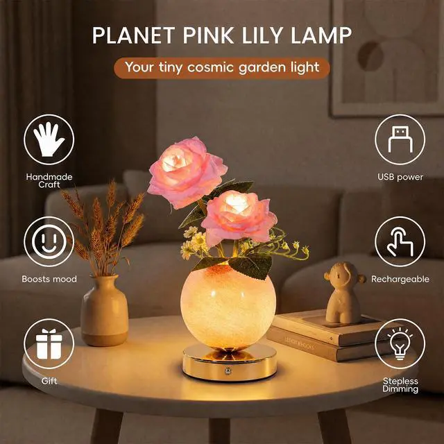 Alt view image 2 of 7 - Rose Lamp Rechargeable Wireless Touch-Control Dimmable Faux Flower Desk Light, LED Glass Planet Vase Night Light, Kitchen Bedroom Office Decor, Housewarming Gift Women and Mom