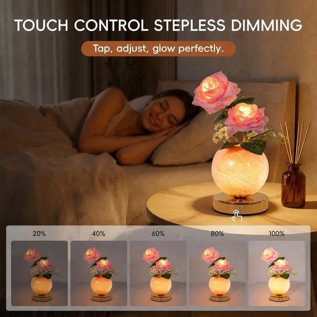 Alt view image 3 of 7 - Rose Lamp Rechargeable Wireless Touch-Control Dimmable Faux Flower Desk Light, LED Glass Planet Vase Night Light, Kitchen Bedroom Office Decor, Housewarming Gift Women and Mom