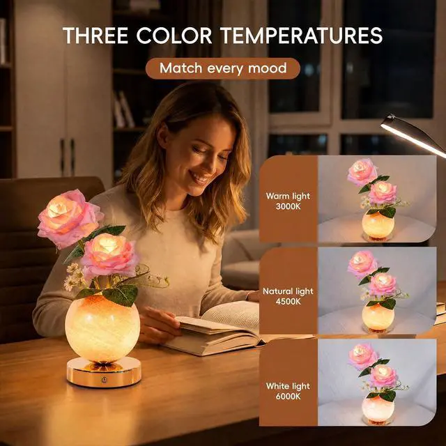 Alt view image 4 of 7 - Rose Lamp Rechargeable Wireless Touch-Control Dimmable Faux Flower Desk Light, LED Glass Planet Vase Night Light, Kitchen Bedroom Office Decor, Housewarming Gift Women and Mom