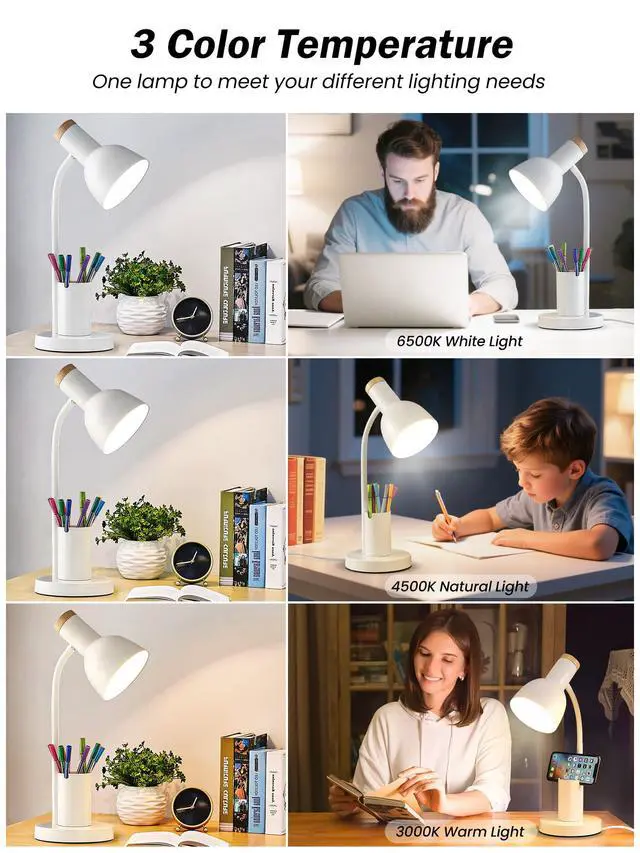 Alt view image 2 of 7 - Desk Lamp, LED Desk Lamps for Home Office, 3 Color Modes Eye-Caring Reading Light, Flexible Gooseneck Desk Light with Pen Holder, Table Lamp for Bedroom Bedside College Dorm Study Room (White lamp)