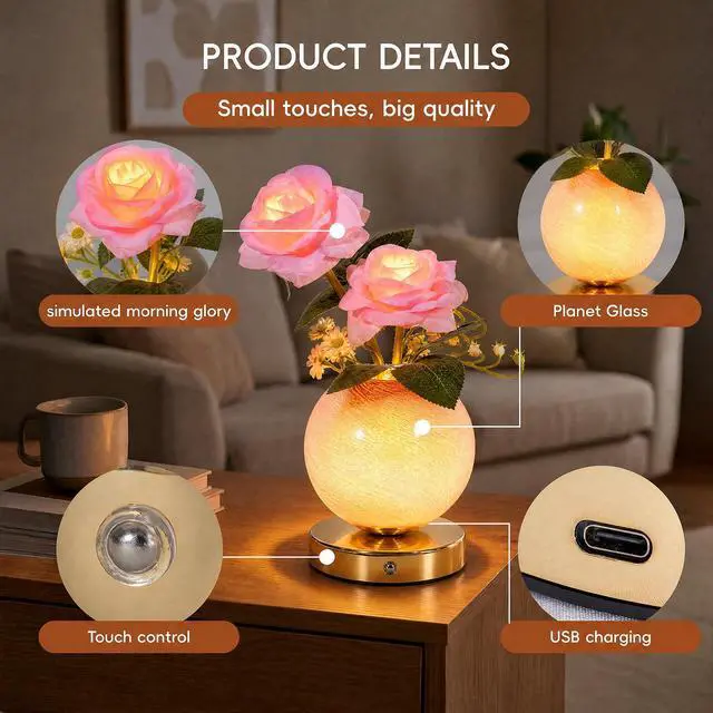 Alt view image 5 of 7 - Rose Lamp Rechargeable Wireless Touch-Control Dimmable Faux Flower Desk Light, LED Glass Planet Vase Night Light, Kitchen Bedroom Office Decor, Housewarming Gift Women and Mom