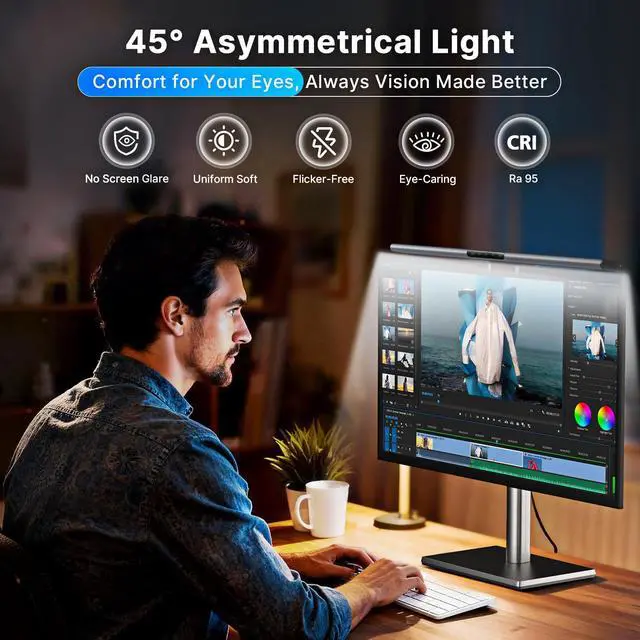 Alt view image 2 of 6 - Syrinx Monitor Light Bar with Backlight, Gaming & Home Office Monitor Lamp | CRI95+, No Screen Glare Eye Care Light, 1200lm, Touch & Gesture Control, Stepless Dimming for Flat & Curved Monitors