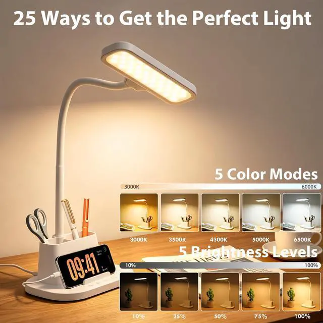 Alt view image 2 of 7 - LED Desk Lamp for Dorm Small Desk Lamp with Pen Holder 5 Color Modes White | Dimmable Touch Control, USB Charging Port, Eye-Caring Reading Light for Home Office Table Study College Room Students
