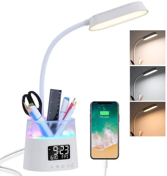 Main image of WILIT LED Desk Lamp for Home Office with Pen Holder, RGB Night Light, White | Table Lamp for Bedroom with USB Charging Port & Clock, Study Lamp for Kids Girls, Desk Light for College Dorm Room Essenti