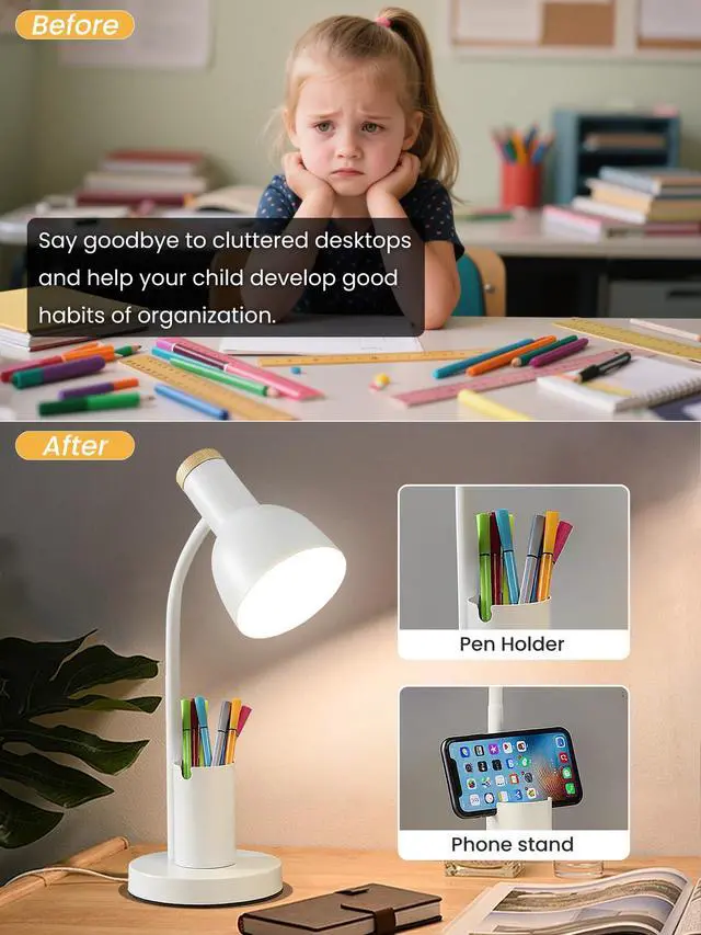Alt view image 3 of 7 - Desk Lamp, LED Desk Lamps for Home Office, 3 Color Modes Eye-Caring Reading Light, Flexible Gooseneck Desk Light with Pen Holder, Table Lamp for Bedroom Bedside College Dorm Study Room (White lamp)
