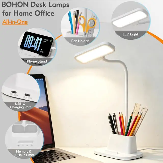 Alt view image 3 of 7 - LED Desk Lamp for Dorm Small Desk Lamp with Pen Holder 5 Color Modes White | Dimmable Touch Control, USB Charging Port, Eye-Caring Reading Light for Home Office Table Study College Room Students