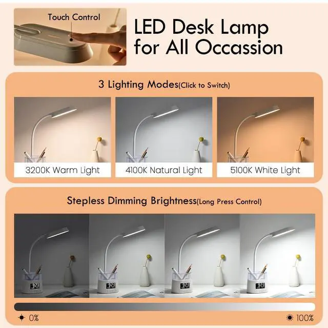 Alt view image 2 of 7 - WILIT LED Desk Lamp for Home Office with Pen Holder, RGB Night Light, White | Table Lamp for Bedroom with USB Charging Port & Clock, Study Lamp for Kids Girls, Desk Light for College Dorm Room Essenti