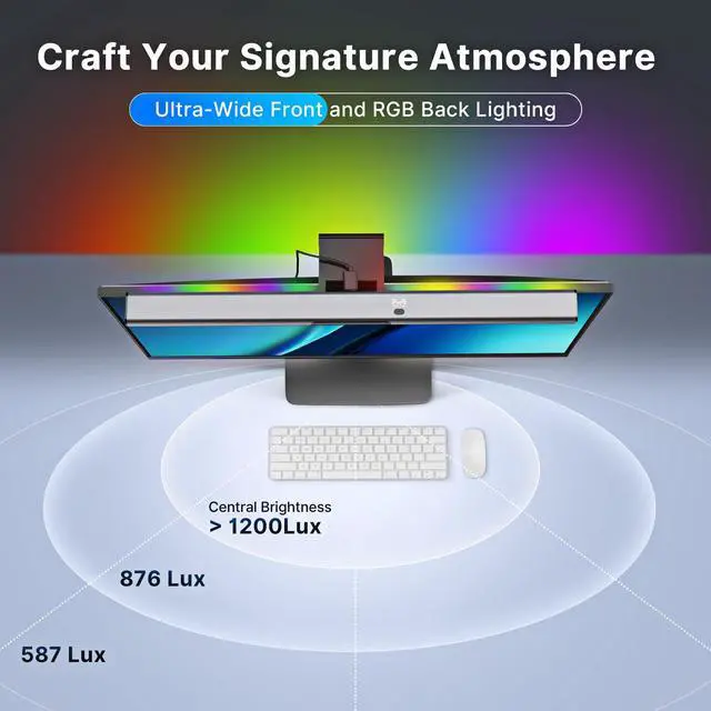 Alt view image 4 of 6 - Syrinx Monitor Light Bar with Backlight, Gaming & Home Office Monitor Lamp | CRI95+, No Screen Glare Eye Care Light, 1200lm, Touch & Gesture Control, Stepless Dimming for Flat & Curved Monitors