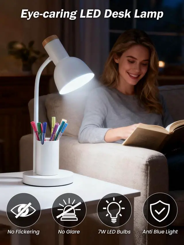 Alt view image 5 of 7 - Desk Lamp, LED Desk Lamps for Home Office, 3 Color Modes Eye-Caring Reading Light, Flexible Gooseneck Desk Light with Pen Holder, Table Lamp for Bedroom Bedside College Dorm Study Room (White lamp)