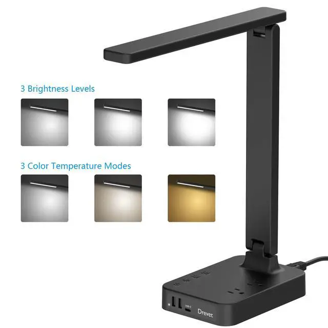 Alt view image 2 of 7 - Drevet LED Desk lamp with USB C Charging Port, Table Light with 3 USB Charger and 2 AC Power Outlet, 3 Color Model, 3 Level Brightness, Touch Control, Memory Function, Eye-Caring Office Foldable Lamp