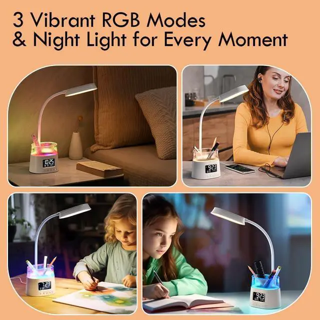 Alt view image 4 of 7 - WILIT LED Desk Lamp for Home Office with Pen Holder, RGB Night Light, White | Table Lamp for Bedroom with USB Charging Port & Clock, Study Lamp for Kids Girls, Desk Light for College Dorm Room Essenti
