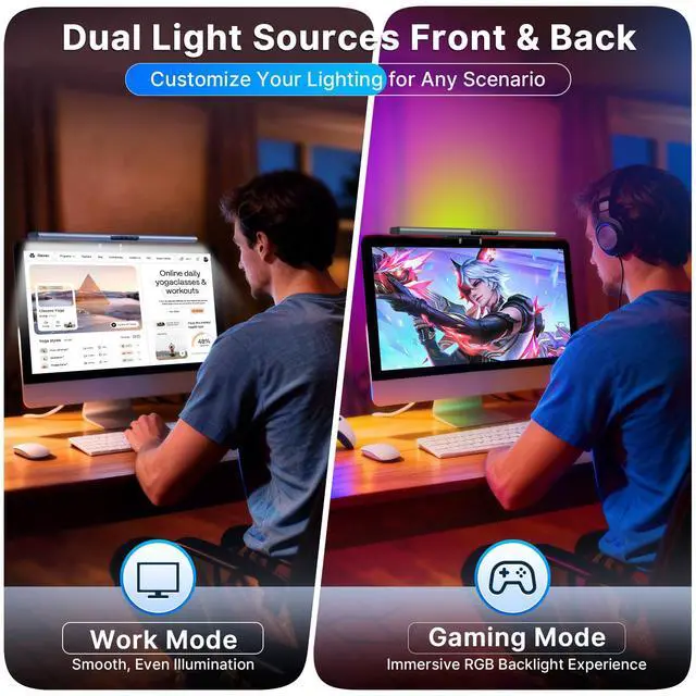 Alt view image 5 of 6 - Syrinx Monitor Light Bar with Backlight, Gaming & Home Office Monitor Lamp | CRI95+, No Screen Glare Eye Care Light, 1200lm, Touch & Gesture Control, Stepless Dimming for Flat & Curved Monitors