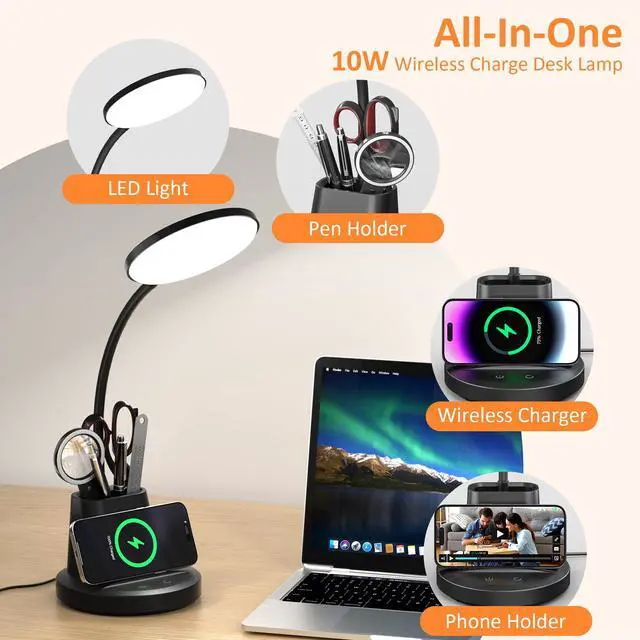 Alt view image 2 of 7 - LED Desk Lamp with Wireless Charger for Home Office, Black | 3 Color Modes Dimmable Eye-Caring Study Desk Light for College Dorm Room, 360° Flexible Arm, Built-in Pen Holder, 800 Lumen