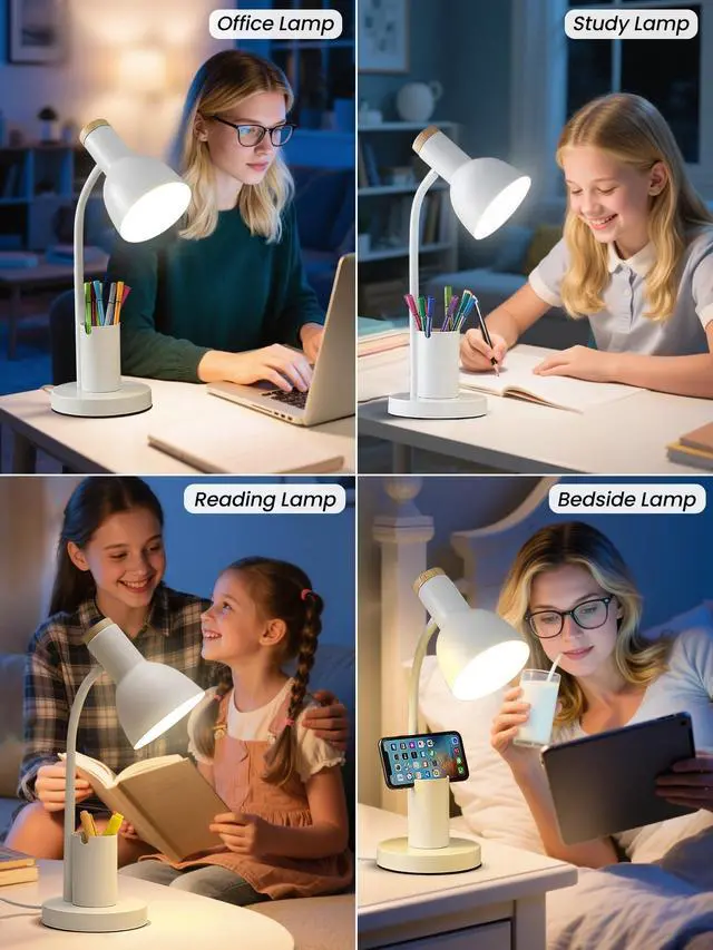 Alt view image 6 of 7 - Desk Lamp, LED Desk Lamps for Home Office, 3 Color Modes Eye-Caring Reading Light, Flexible Gooseneck Desk Light with Pen Holder, Table Lamp for Bedroom Bedside College Dorm Study Room (White lamp)